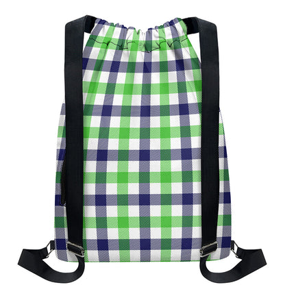 White Navy And Green Plaid Print Drawstring Backpack