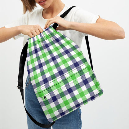 White Navy And Green Plaid Print Drawstring Backpack
