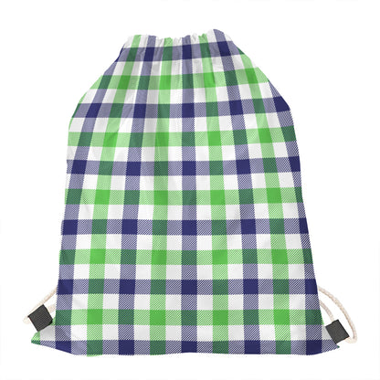 White Navy And Green Plaid Print Drawstring Bag