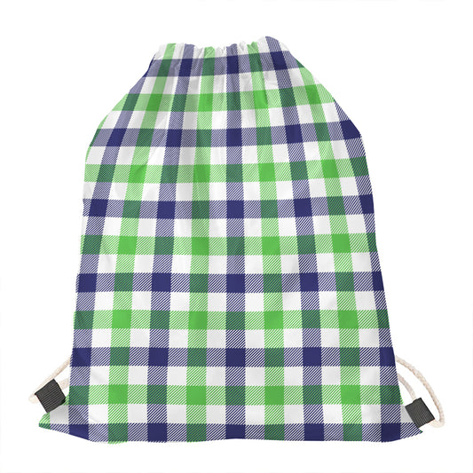 White Navy And Green Plaid Print Drawstring Bag