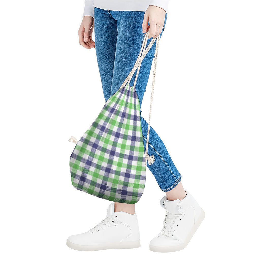 White Navy And Green Plaid Print Drawstring Bag