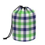 White Navy And Green Plaid Print Drawstring Makeup Bag