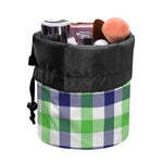 White Navy And Green Plaid Print Drawstring Makeup Bag