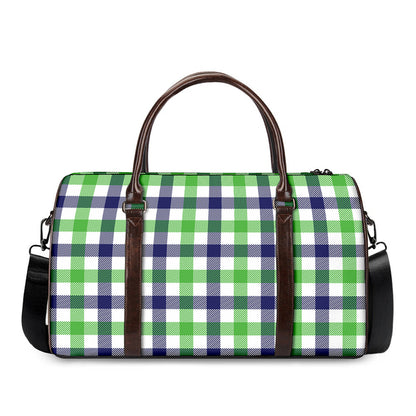 White Navy And Green Plaid Print Duffle Bag