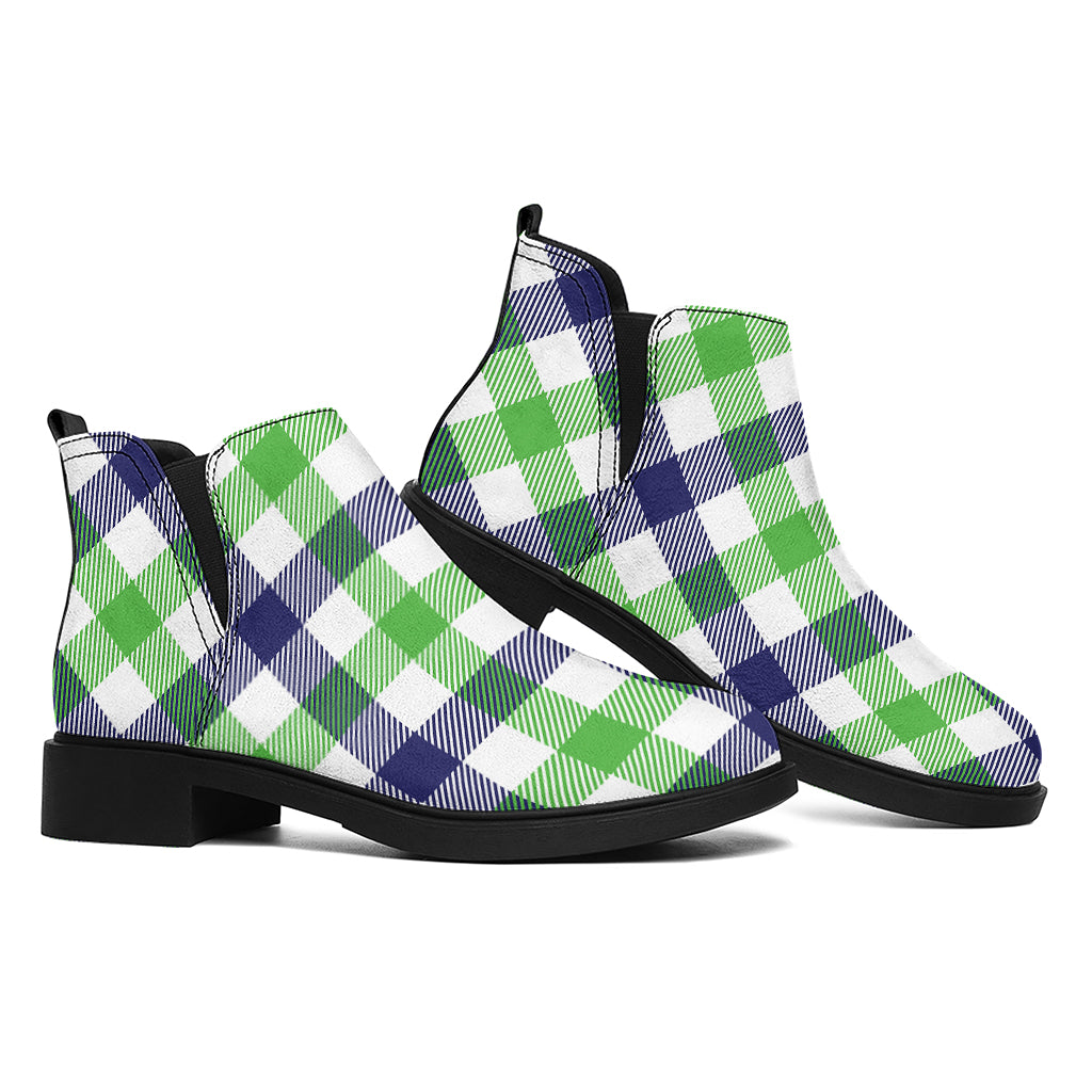 White Navy And Green Plaid Print Flat Ankle Boots