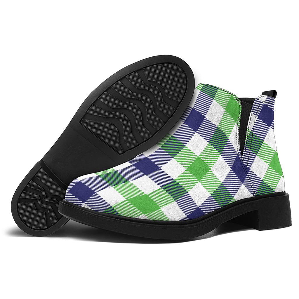 White Navy And Green Plaid Print Flat Ankle Boots