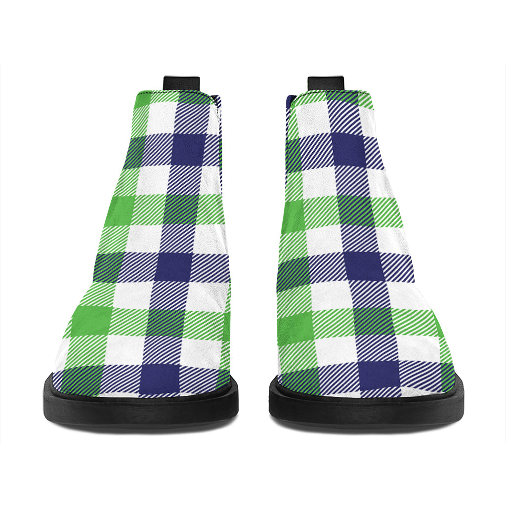 White Navy And Green Plaid Print Flat Ankle Boots