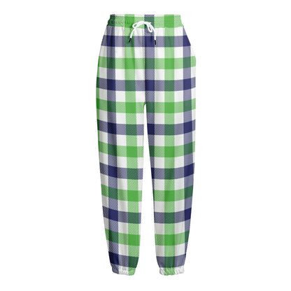 White Navy And Green Plaid Print Fleece Lined Knit Pants