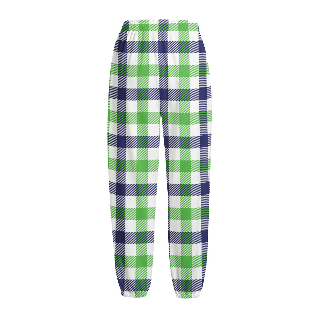 White Navy And Green Plaid Print Fleece Lined Knit Pants