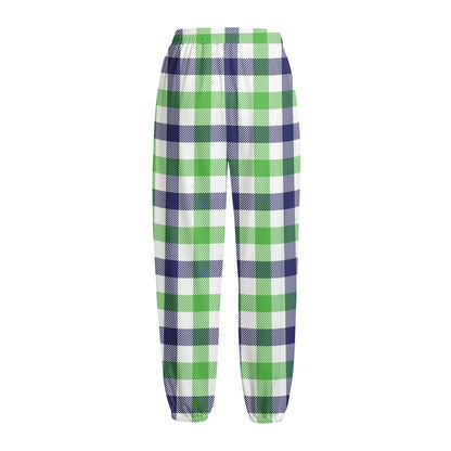 White Navy And Green Plaid Print Fleece Lined Knit Pants