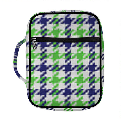 White Navy And Green Plaid Print Front Pocket Bible Bag