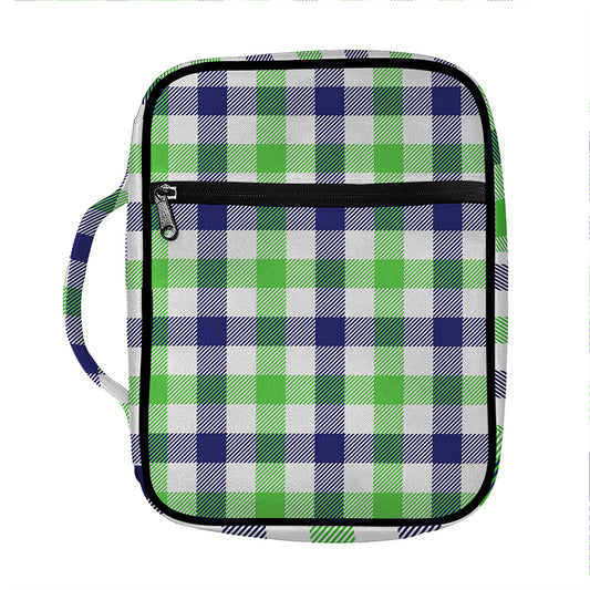 White Navy And Green Plaid Print Front Pocket Bible Bag