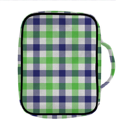 White Navy And Green Plaid Print Front Pocket Bible Bag