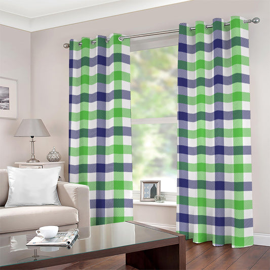 White Navy And Green Plaid Print Grommet Curtains