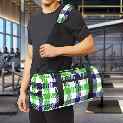 White Navy And Green Plaid Print Gym Bag