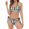 White Navy And Green Plaid Print Halter Scoop Tie Side Bikini