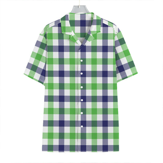 White Navy And Green Plaid Print Hawaiian Shirt