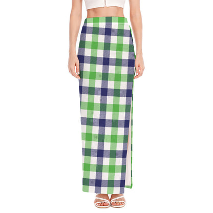 White Navy And Green Plaid Print High Slit Maxi Skirt