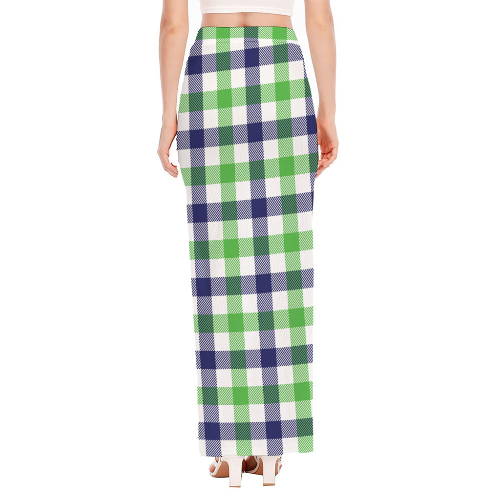 White Navy And Green Plaid Print High Slit Maxi Skirt