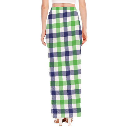 White Navy And Green Plaid Print High Slit Maxi Skirt