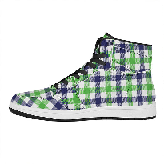 White Navy And Green Plaid Print High Top Leather Sneakers