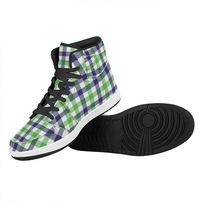 White Navy And Green Plaid Print High Top Leather Sneakers