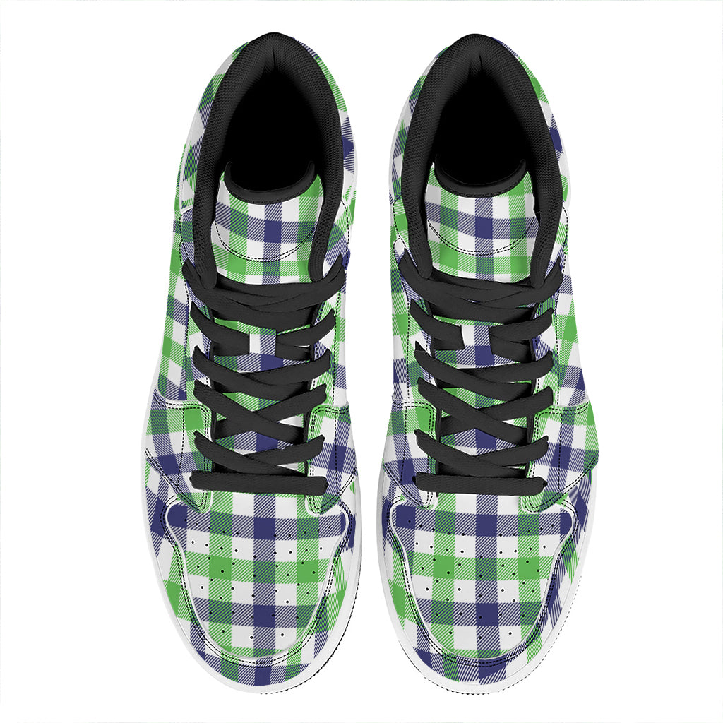 White Navy And Green Plaid Print High Top Leather Sneakers