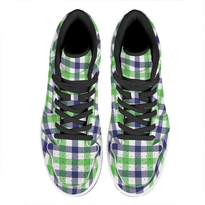 White Navy And Green Plaid Print High Top Leather Sneakers