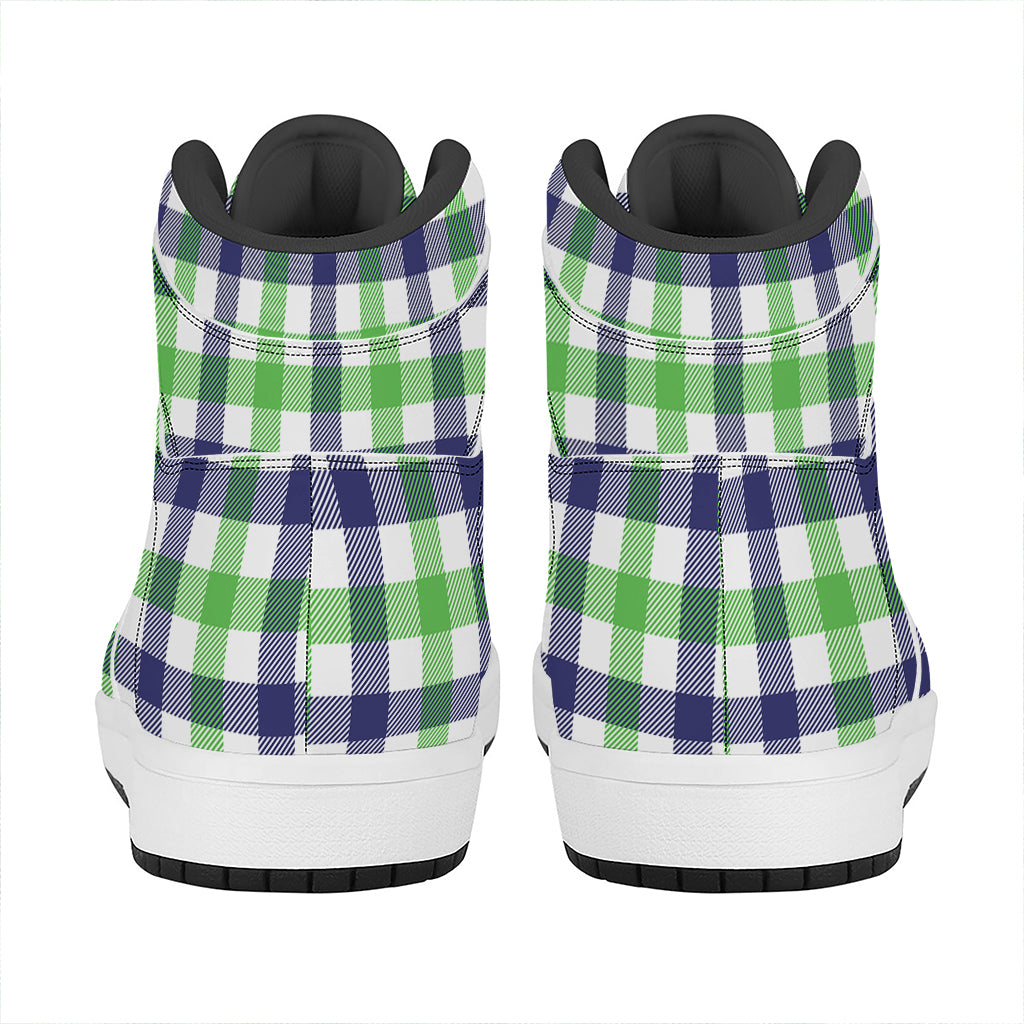 White Navy And Green Plaid Print High Top Leather Sneakers