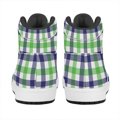White Navy And Green Plaid Print High Top Leather Sneakers