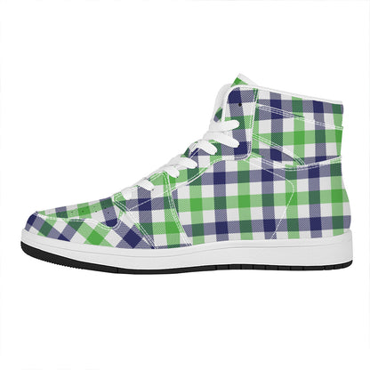 White Navy And Green Plaid Print High Top Leather Sneakers