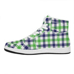 White Navy And Green Plaid Print High Top Leather Sneakers