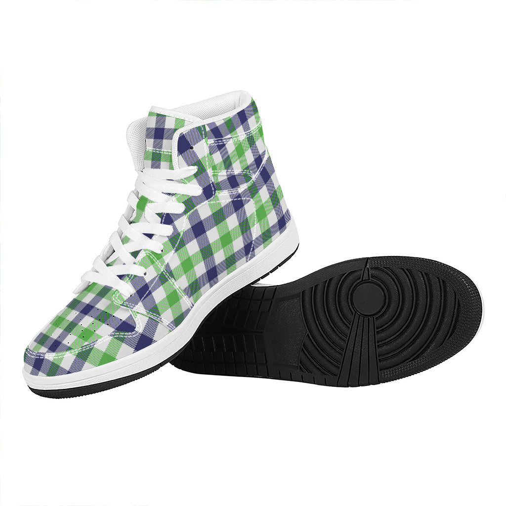 White Navy And Green Plaid Print High Top Leather Sneakers