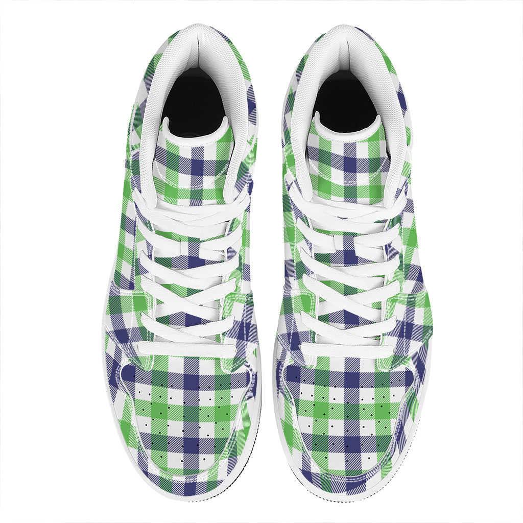 White Navy And Green Plaid Print High Top Leather Sneakers