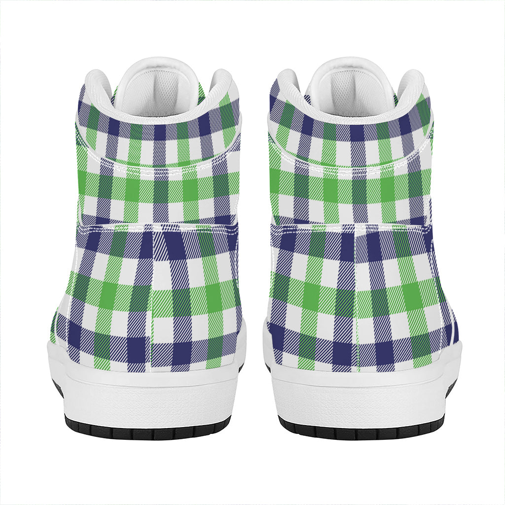White Navy And Green Plaid Print High Top Leather Sneakers