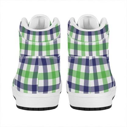 White Navy And Green Plaid Print High Top Leather Sneakers