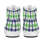 White Navy And Green Plaid Print High Top Leather Sneakers