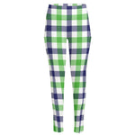 White Navy And Green Plaid Print High-Waisted Pocket Leggings