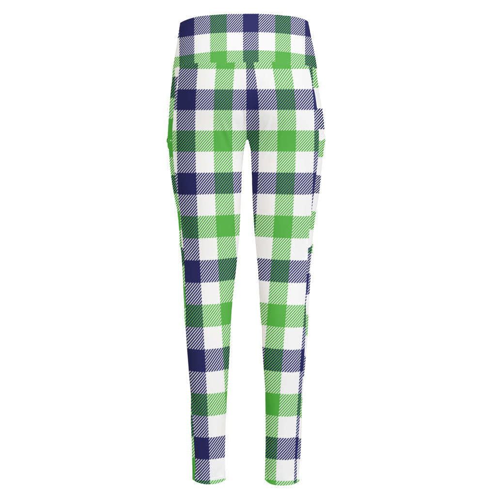 White Navy And Green Plaid Print High-Waisted Pocket Leggings