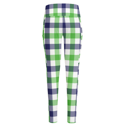 White Navy And Green Plaid Print High-Waisted Pocket Leggings