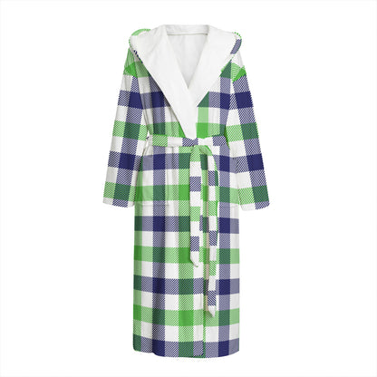 White Navy And Green Plaid Print Hooded Bathrobe