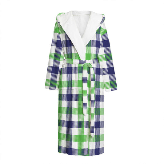 White Navy And Green Plaid Print Hooded Bathrobe