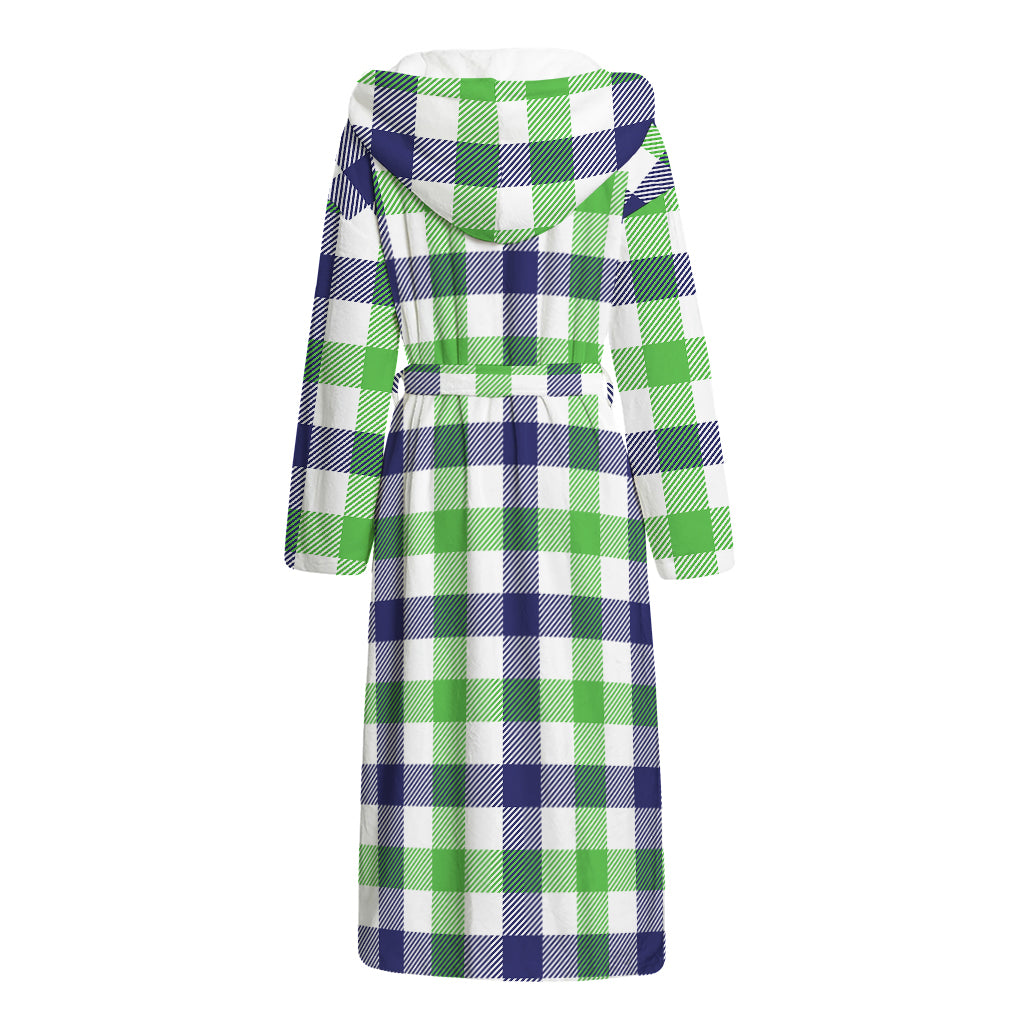 White Navy And Green Plaid Print Hooded Bathrobe