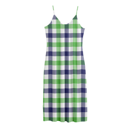 White Navy And Green Plaid Print Jersey Midi Cami Dress