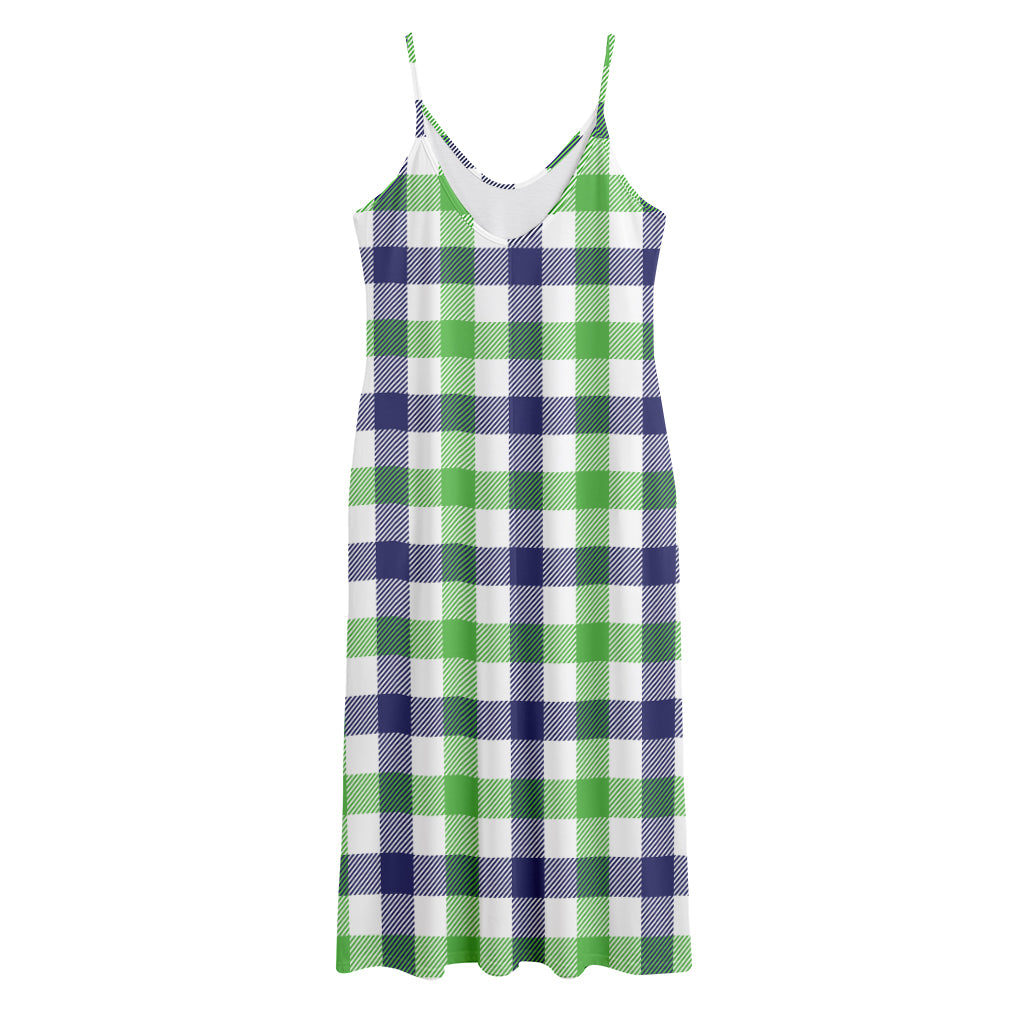 White Navy And Green Plaid Print Jersey Midi Cami Dress