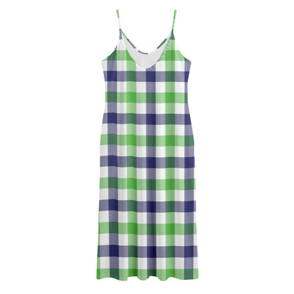White Navy And Green Plaid Print Jersey Midi Cami Dress