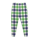 White Navy And Green Plaid Print Jogger Pants
