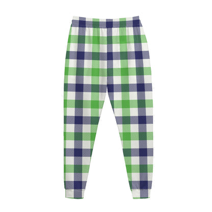 White Navy And Green Plaid Print Jogger Pants