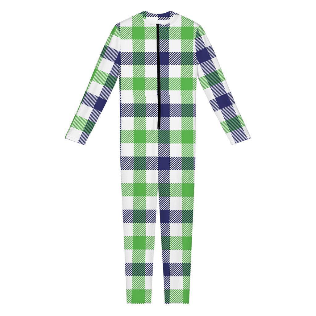 White Navy And Green Plaid Print Jumpsuit