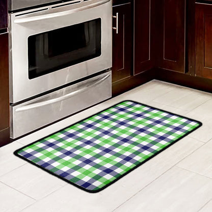 White Navy And Green Plaid Print Kitchen Mat
